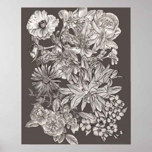 Floral Modern Grey Botanical Chic Wall Art Poster (Voorkant)