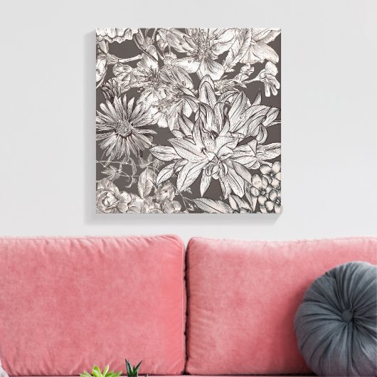 Floral Modern Ivory Grey Botanical Rustic Canvas Afdruk (Insitu (Woonkamer))