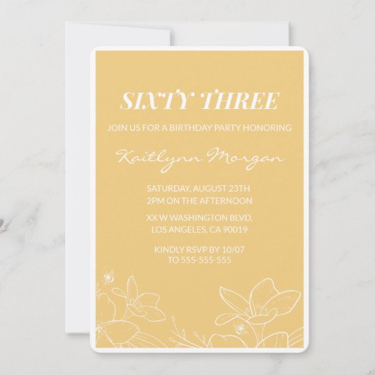 Floral Modern Jaune invitations à 63e anniversaire (Devant)