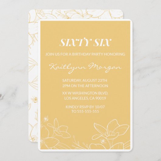Floral Modern Jaune invitations à 66e anniversaire (Devant / Derrière)