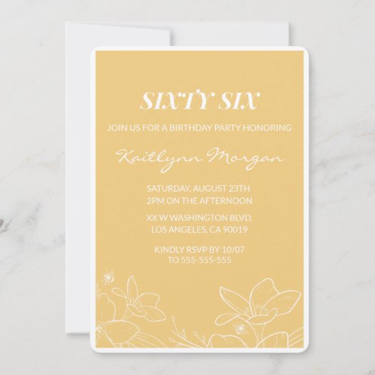 Floral Modern Yellow 66e verjaardag uitnodigingen (Voorkant)
