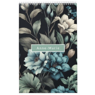 Floral modern zwart blauw meisjesachtig stijlvol kalender