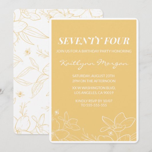 Floral Moderne Jaune 74e anniversaire invitations (Devant / Derrière)