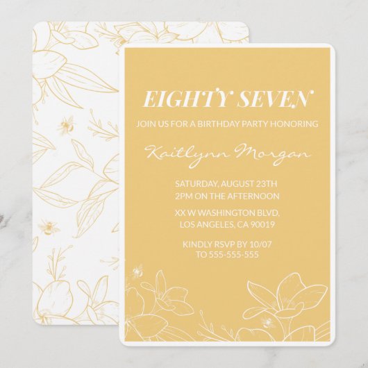 Floral Moderne Jaune invitations à 87e anniversair (Devant / Derrière)