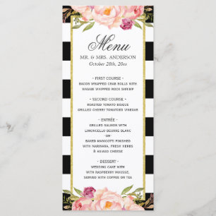 Floral moderne noir blanc rayé Menu Mariage