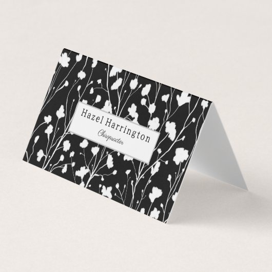 Floral moderne QR plié Carte de visite noir blanc (Devant)