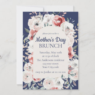 Floral Moederdag Brunch Navy Blue Invitation Kaart