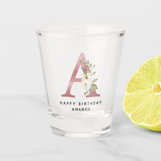 Floral Monogram A Birthday Personalized Roos Gold Shot Glas (Voorkant)