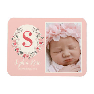 Floral Monogram Baby Girl Aankondiging Blush Pink Magneet