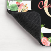  Floral Monogram Black White Striped Custom Muismat (Hoek)