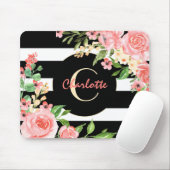  Floral Monogram Black White Striped Custom Muismat (Met muis)