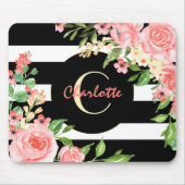  Floral Monogram Black White Striped Custom Muismat (Voorkant)