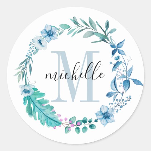 Floral Monogram Blue Spring Ronde Sticker (Voorkant)