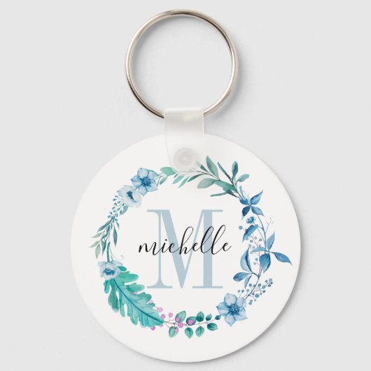  Floral Monogram Blue Spring Sleutelhanger (Voorkant)