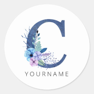 Floral Monogram C Winter Blauwe Blossom Ronde Sticker
