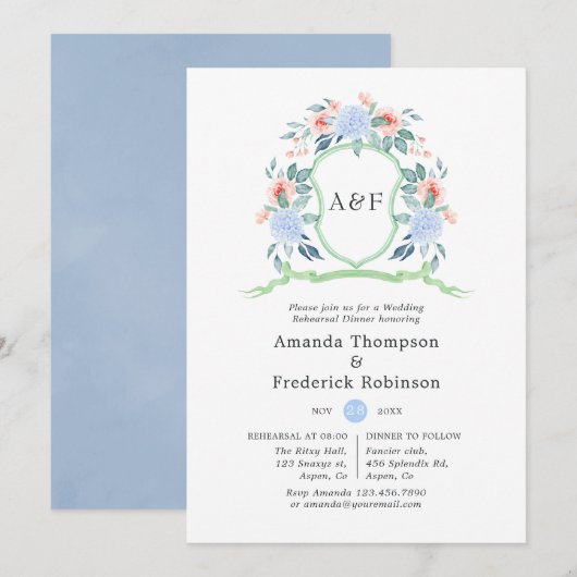 Floral Monogram Crest Wedding Rehearsal Dinner Kaart (Voorkant / Achterkant)