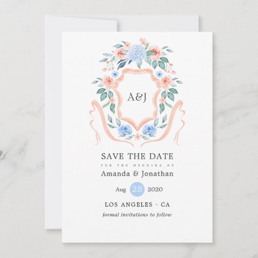 Floral Monogram Crest Wedding Save The Date (Voorkant)