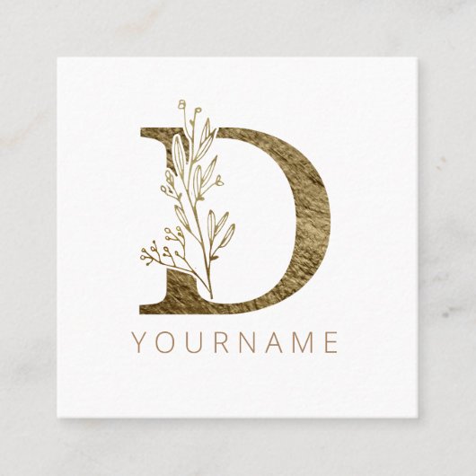 Floral Monogram D Elegant Gold Foliage Vierkante Visitekaartje (Voorkant)