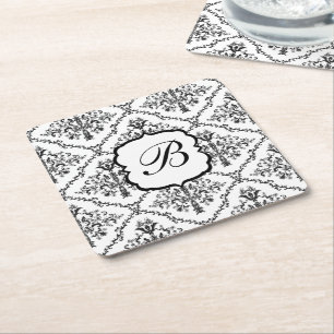 Floral Monogram Damask Vierkante Kartonnen Onderzetter