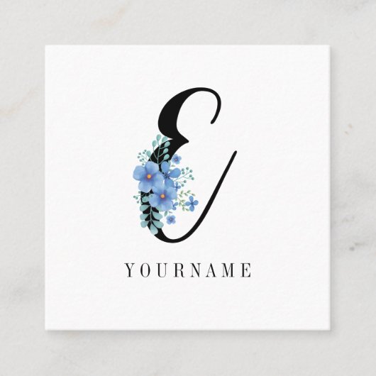Floral Monogram E Blauwe Bloem Burst Vierkante Visitekaartje (Voorkant)