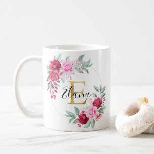 Floral Monogram E - Rode roze goudWaterverf Koffiemok