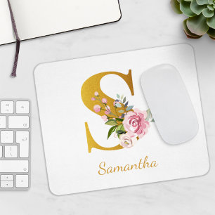 Floral Monogram Faux Gold Name Initiaal personalis Muismat