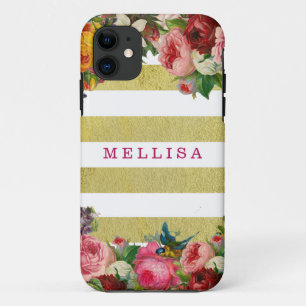  Floral Monogram Gold White Stripes iPhone 11 Hoesje