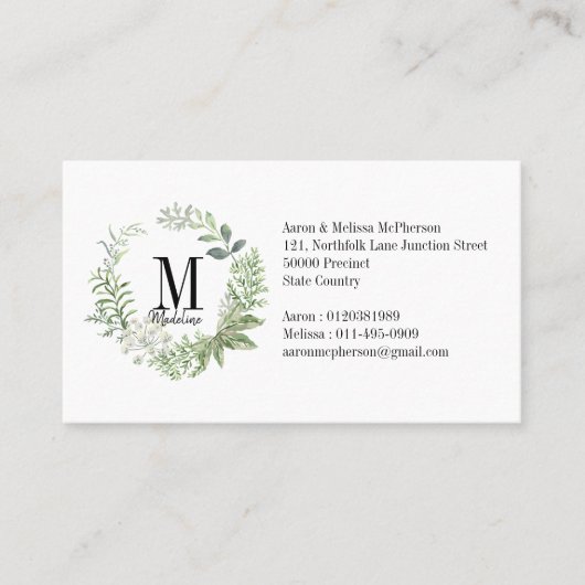 Floral Monogram Green Foliage Visitekaartje (Voorkant)