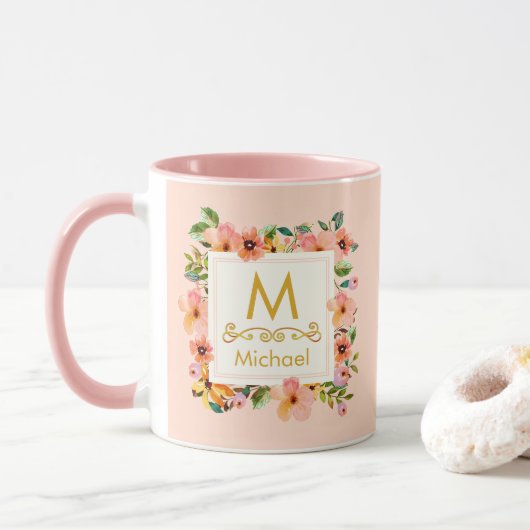 Floral Monogram I Custom Name & Gold Initial Gift Mok (Met donut)