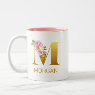 Floral Monogram Initiaal Botanisch Aangepast Tweekleurige Koffiemok
