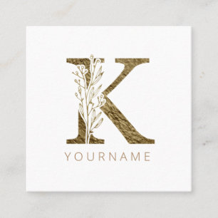 Floral Monogram K Elegant Gold Foliage Vierkante Visitekaartje