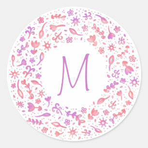 Floral Monogram krans in koraal roze & Paarse Ronde Sticker