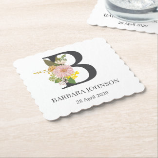 Floral Monogram Letter B Custom Name and Date  Kartonnen Onderzetters