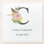 Floral Monogram Letter C Custom Name and Date  Glazen Onderzetter (Voorkant)