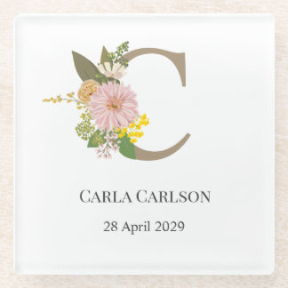 Floral Monogram Letter C Custom Name and Date  Glazen Onderzetter