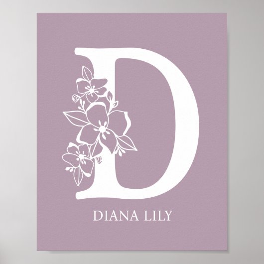Floral Monogram Letter D Naam Nursery Modern Poster (Voorkant)
