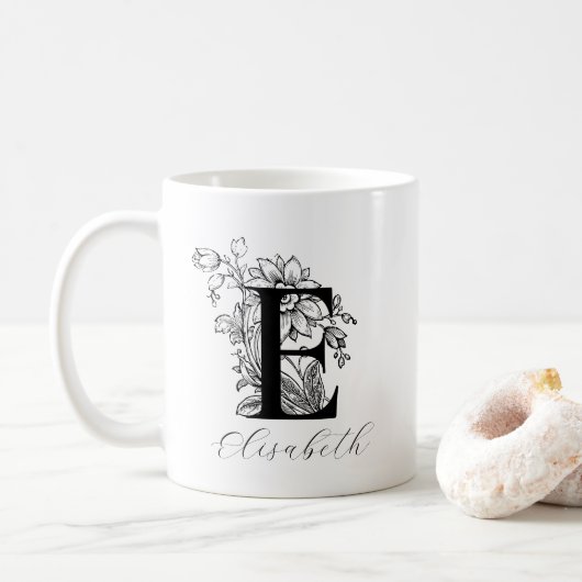  Floral Monogram Letter E Name Coffee Mok (Met donut)