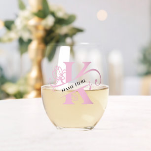 Floral Monogram Letter K Naam toevoegen Kleur wijz Wijnglas Zonder Voet