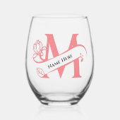 Floral Monogram Letter M Naam toevoegen Kleur wijz Wijnglas Zonder Voet (Voorkant)