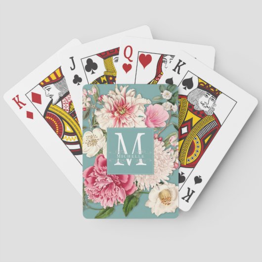 Floral Monogram Mint  Zwirl Aangepaste Initialen Pokerkaarten (Achterkant)