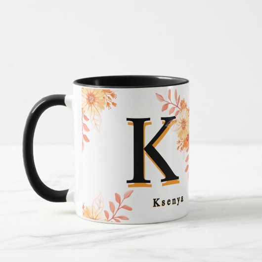 Floral Monogram Mug – Elegant Letter K Coffee Cup (Gauche)