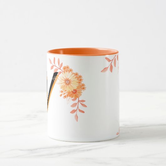 Floral Monogram Mug –Elegant Letter V-writ u name (Centre)