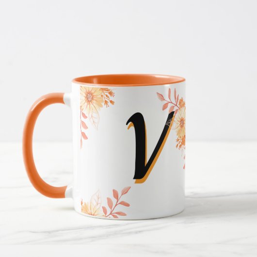 Floral Monogram Mug –Elegant Letter V-writ u name (Gauche)