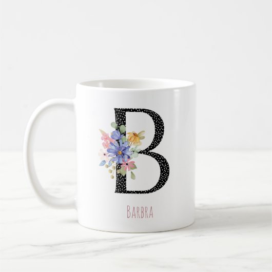 Floral Monogram Name B Black Polka Dot Koffiemok (Links)