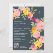 Floral monogram Qr code foto grijs bruiloft Kaart (Voorkant)