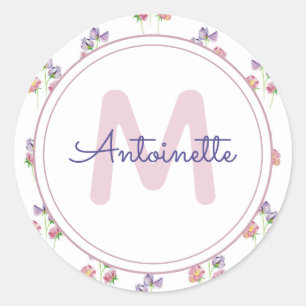  Floral Monogram roze Lavender Aangepaste naam Ronde Sticker