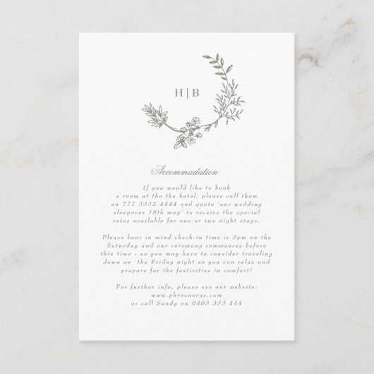 Floral Monogram Sage Groene Krans Bruiloft Details Informatiekaartje (Voorkant)