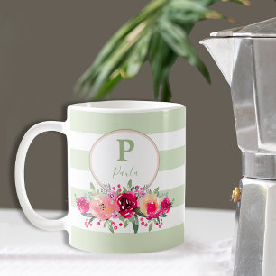 Floral monogram van Hot Pink-Waterverf in Mint Str Koffiemok
