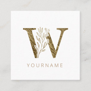 Floral Monogram W Elegant Gold Foliage Vierkante Visitekaartje