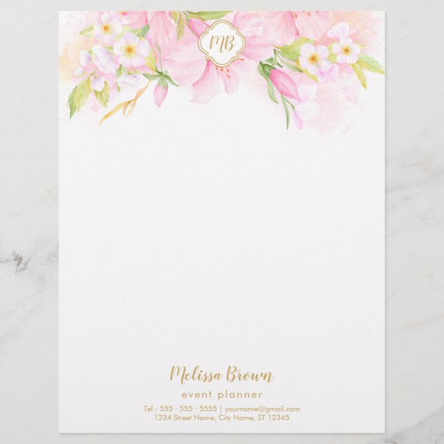 Floral Monogram Waterverf Botanische Blush Roze Briefhoofd (Voorkant)